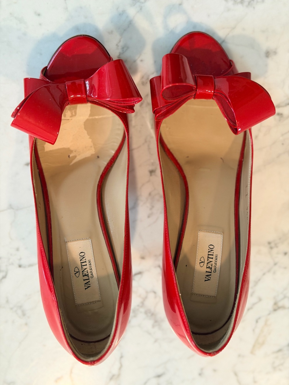 Valentino Red Patent Bow Peep-Toe Flats